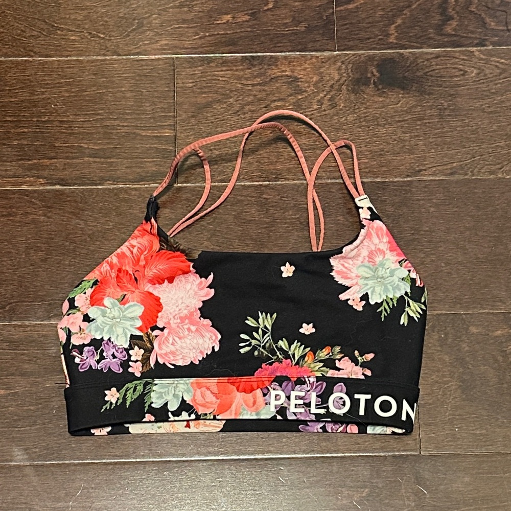 Peloton Black Floral Sports Bra with Pink and Green Accents